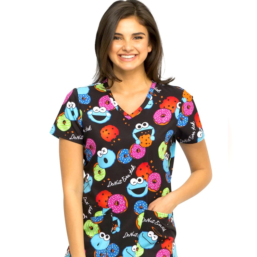 Cookie Monster Cherokee Scrubs Tooniforms Sesame Street V Neck Top Women’s Sz. M
